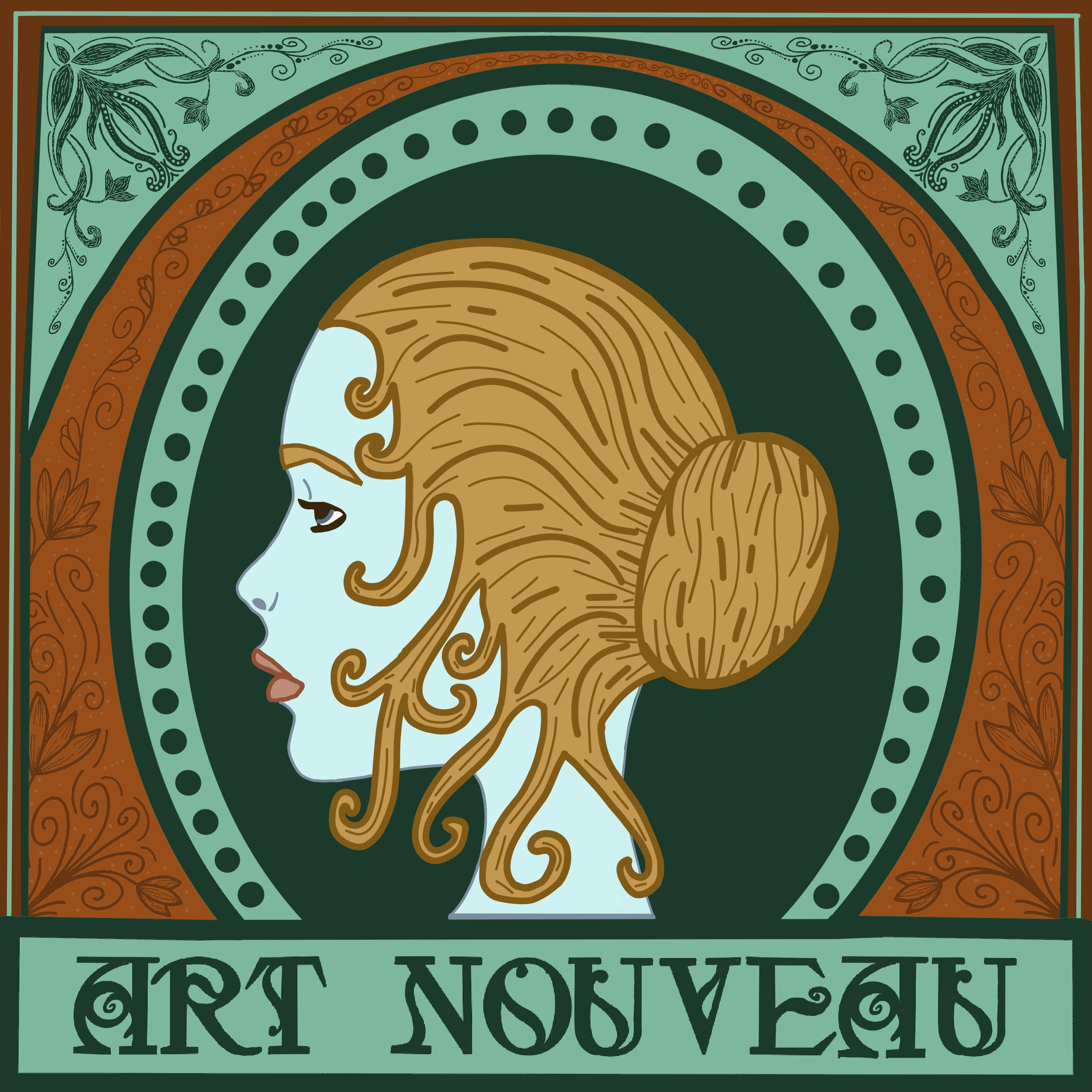 art nouveau style woman in greens and browns